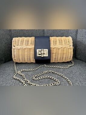 Talbots Straw Crossbody with Navy Accent and Gold Chain